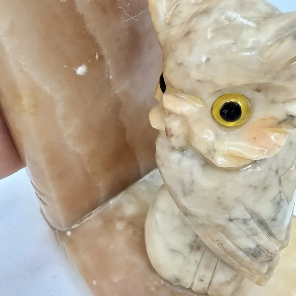 Vintage Hand Carved Alabaster Marble Owl Bookend Glass Eyes Made In Italy